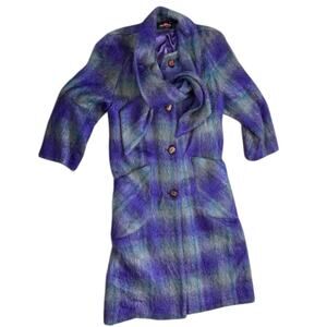 Vtg 1970 Alorna Mohair Coat scarf purple green plaid Petite 38" bust granny EUC